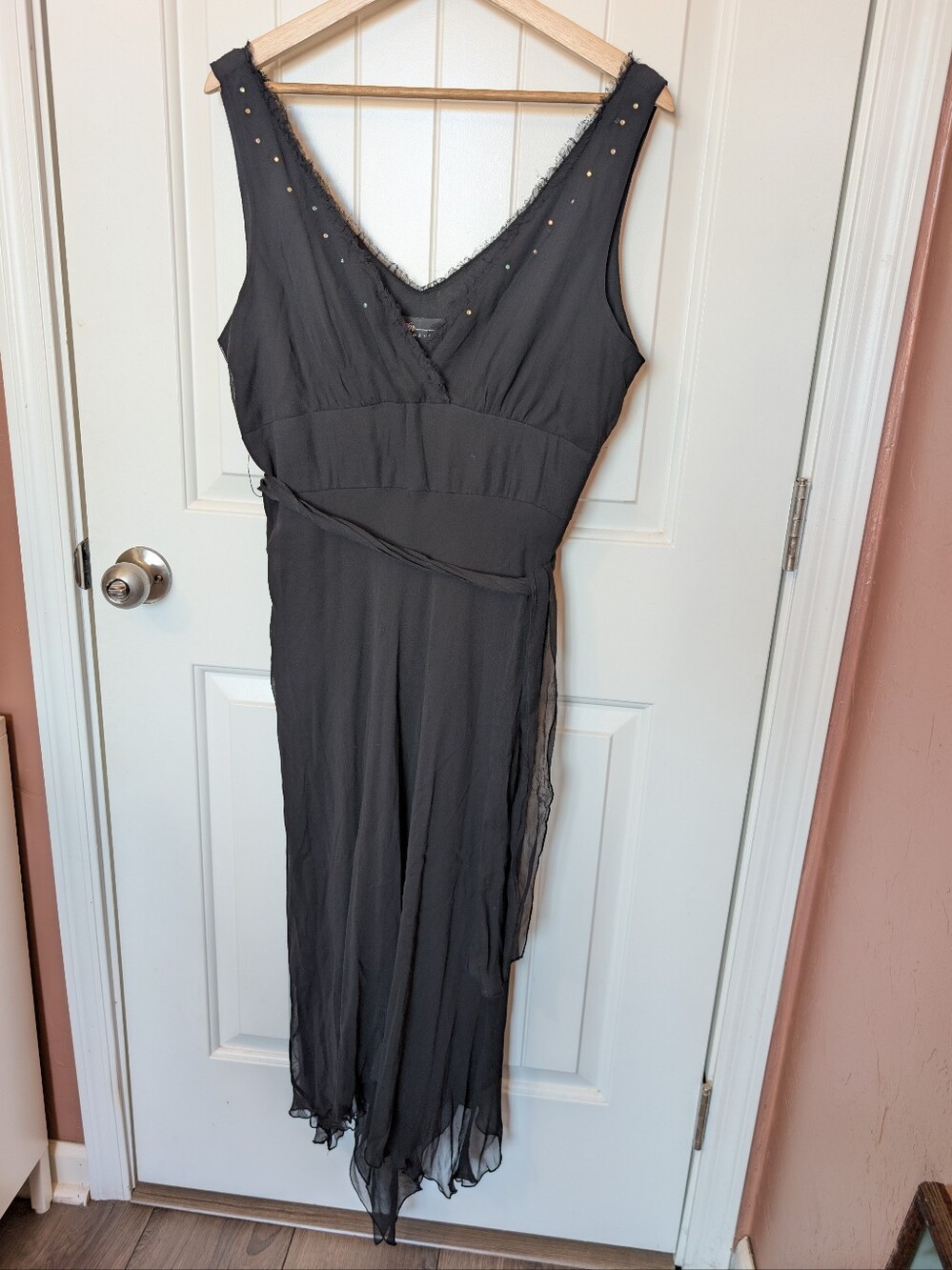 Vintage JM Atelier Silk and Rhinestone Asymmetrical Hem Midi Dress W10 Black